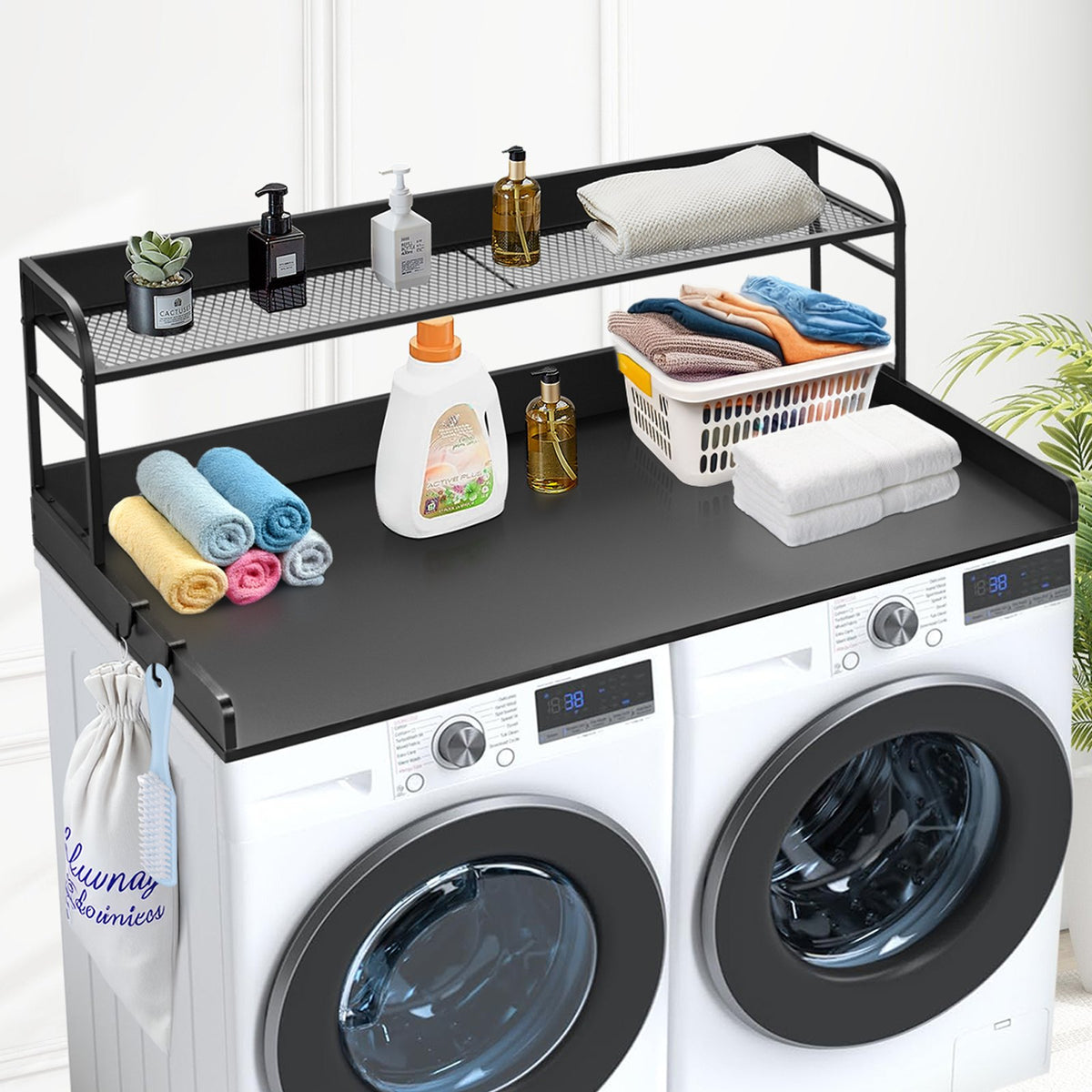 Washer Dryer Countertop | 54x27" Wooden Cover with Storage Shelf | Black