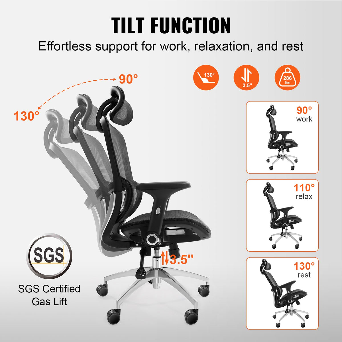 Mesh Office Chair | Adjustable High Back Desk Chair with Lumbar Support & Headrest | Swivel Task Chair