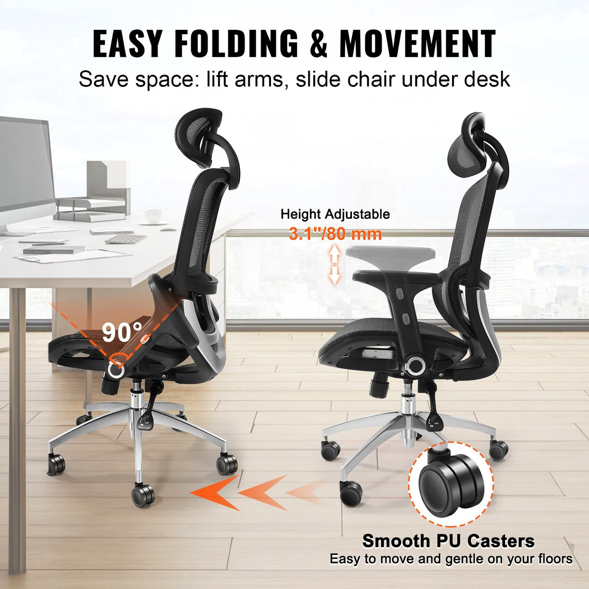Mesh Office Chair | Adjustable High Back Desk Chair with Lumbar Support & Headrest | Swivel Task Chair