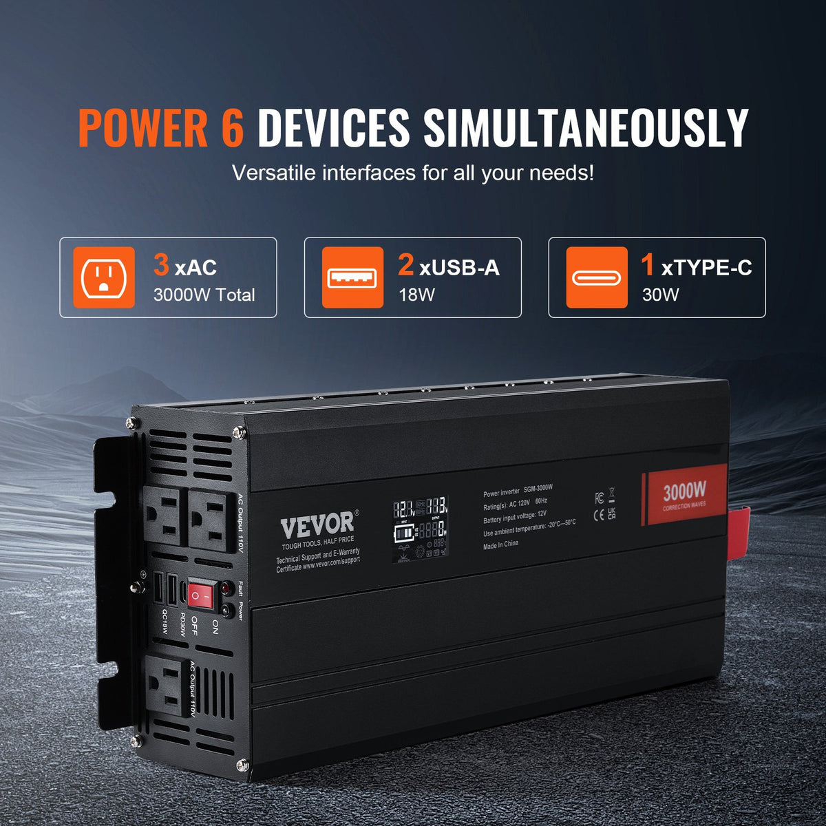 Modified Sine Wave Inverter 3000W | DC 12V to AC 230V | LCD Display | CE/FCC Certified