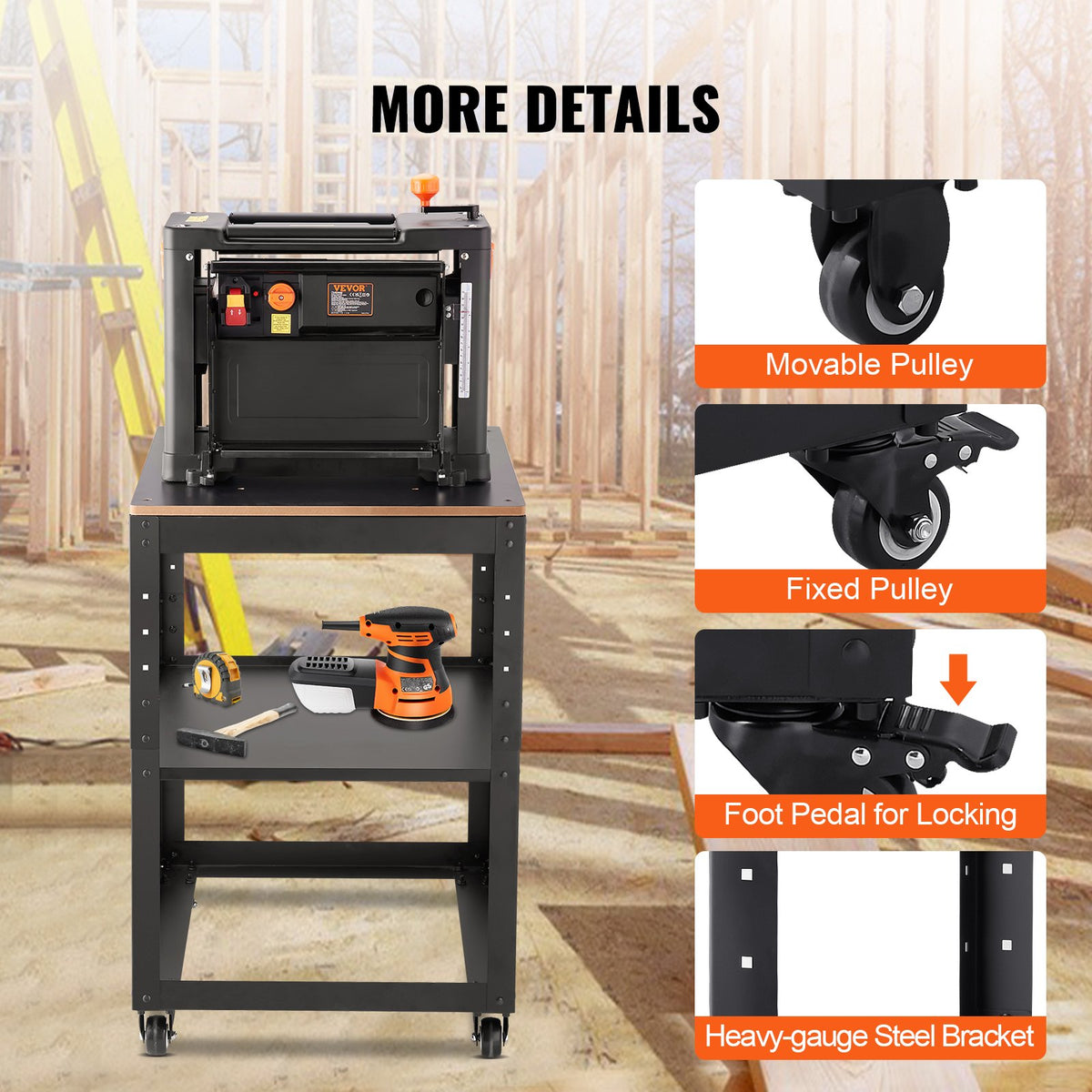Planer Stand 45kg Capacity | 3-Height Adjustable Table with Casters & Storage | Fits Most Planers, Saws & Benchtop Tools