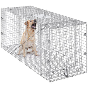 Live Animal Trap Cage | 50x20x26" Folding Galvanized Iron Humane Trap | For Stray Dogs, Raccoons, Foxes, Marmots