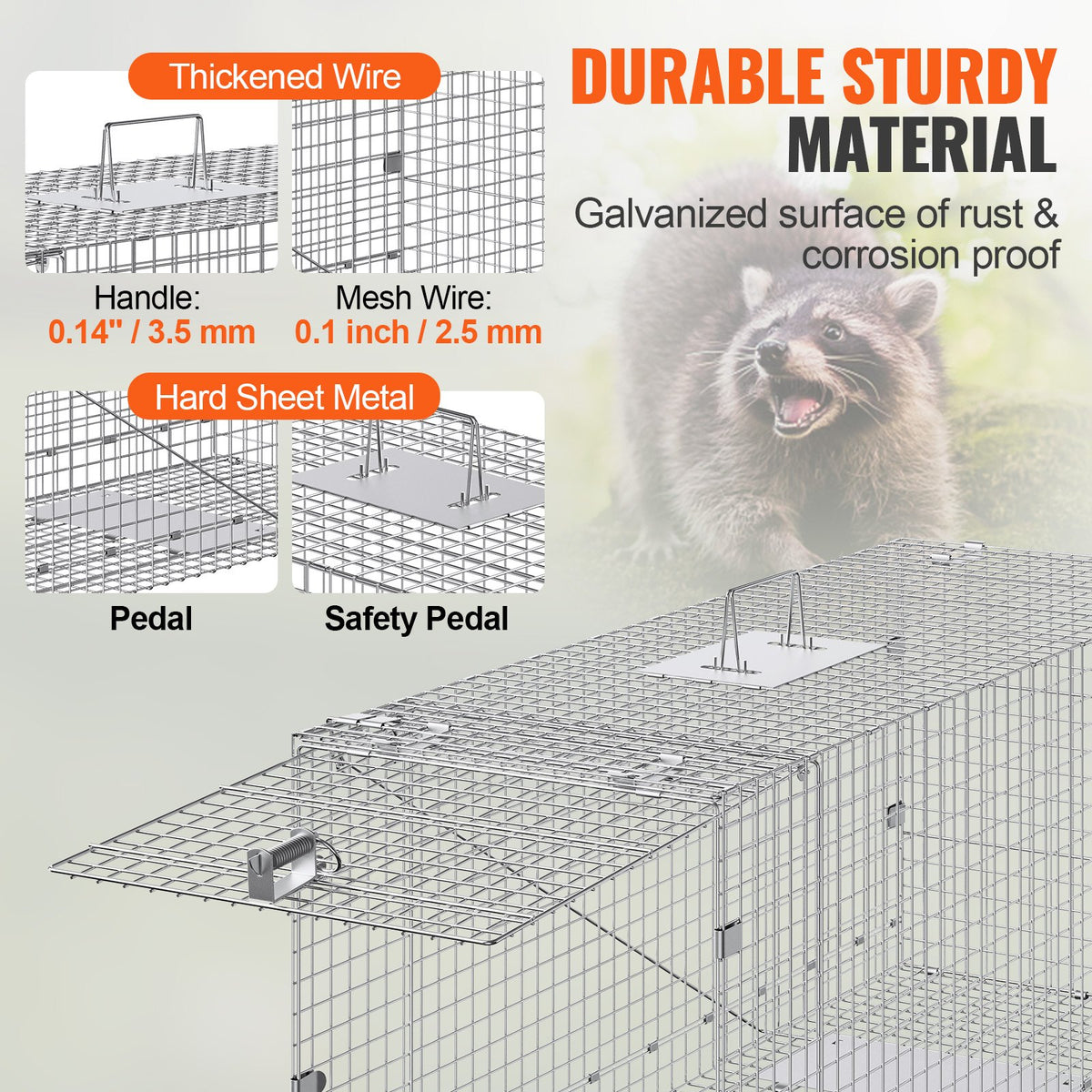 Live Animal Trap Cage | 50x20x26" Folding Galvanized Iron Humane Trap | For Stray Dogs, Raccoons, Foxes, Marmots
