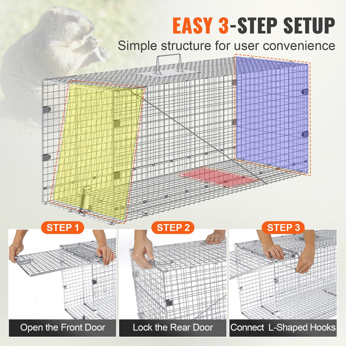 Live Animal Trap Cage | 50x20x26" Folding Galvanized Iron Humane Trap | For Stray Dogs, Raccoons, Foxes, Marmots