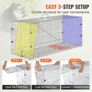 Live Animal Trap Cage | 50x20x26" Folding Galvanized Iron Humane Trap | For Stray Dogs, Raccoons, Foxes, Marmots