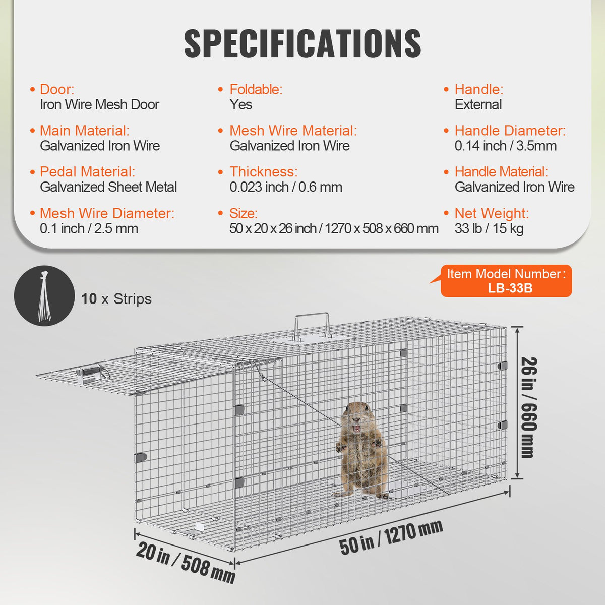 Live Animal Trap Cage | 50x20x26" Folding Galvanized Iron Humane Trap | For Stray Dogs, Raccoons, Foxes, Marmots