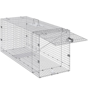 Live Animal Trap Cage | 50x20x26" Folding Galvanized Iron Humane Trap | For Stray Dogs, Raccoons, Foxes, Marmots