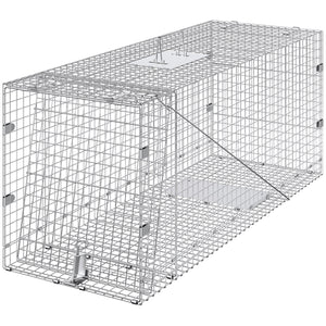 Live Animal Trap Cage | 50x20x26" Folding Galvanized Iron Humane Trap | For Stray Dogs, Raccoons, Foxes, Marmots