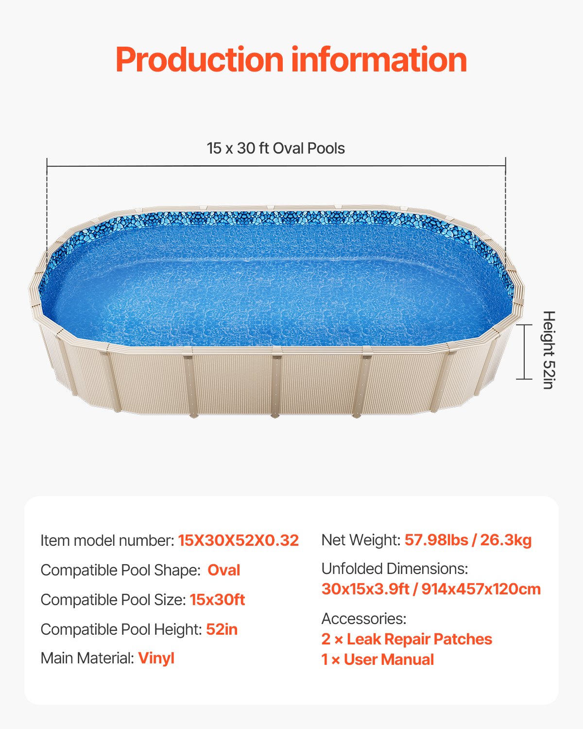 Oval Pool Liner | 15x30 ft Unibead 52" Wall Height Liner