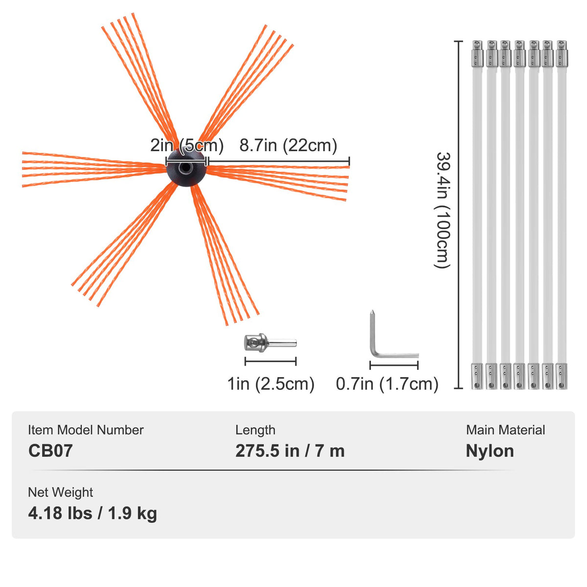 Chimney Sweep Kit 7m | 7 Reinforced Nylon Flexible Rods | 360° Brush Head | Fireplace & Flue Cleaning Kit with Accessories | Fits Most Pipes