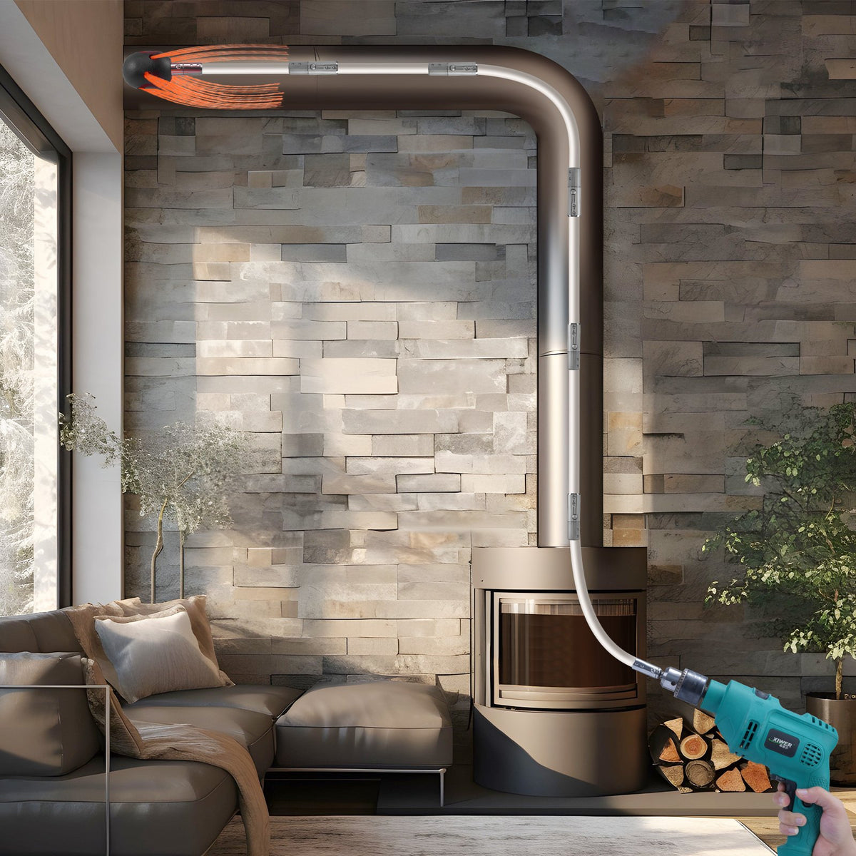 Chimney Sweep Kit 7m | 7 Reinforced Nylon Flexible Rods | 360° Brush Head | Fireplace & Flue Cleaning Kit with Accessories | Fits Most Pipes