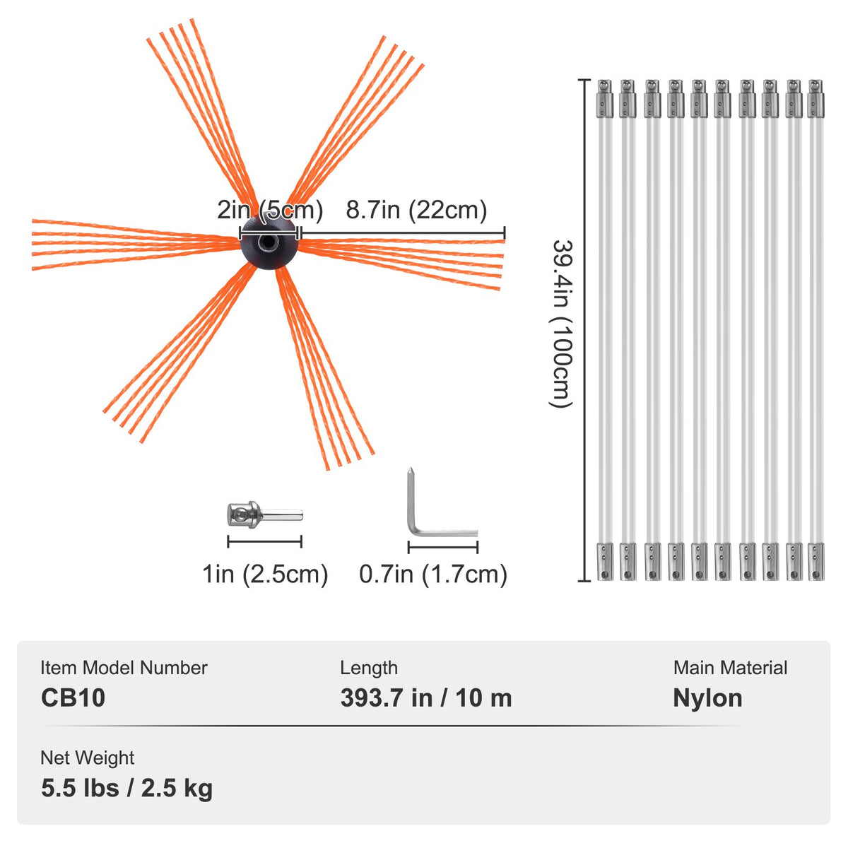 Chimney Sweep Kit 10m | 10 Reinforced Nylon Flexible Rods | 360° Brush Head | Fireplace & Flue Cleaning Kit with Accessories | Fits Most Pipes