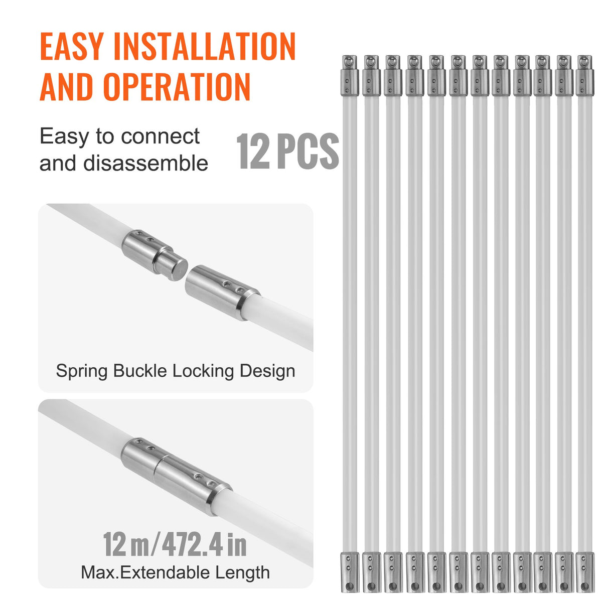 Chimney Sweep Kit 12m | 12 Reinforced Nylon Flexible Rods | 360° Brush Head | Fireplace & Flue Cleaning Kit with Accessories | Fits Most Pipes