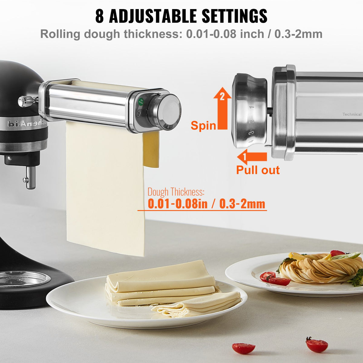 Pasta Attachment for KitchenAid | Stainless Steel Pasta Sheet Roller | 8 Thickness Settings