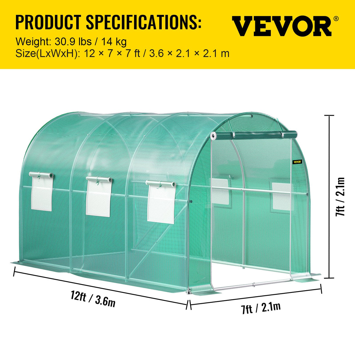 Walk-in Tunnel Greenhouse | 12x7x7 ft | Galvanised Frame & Waterproof Cover