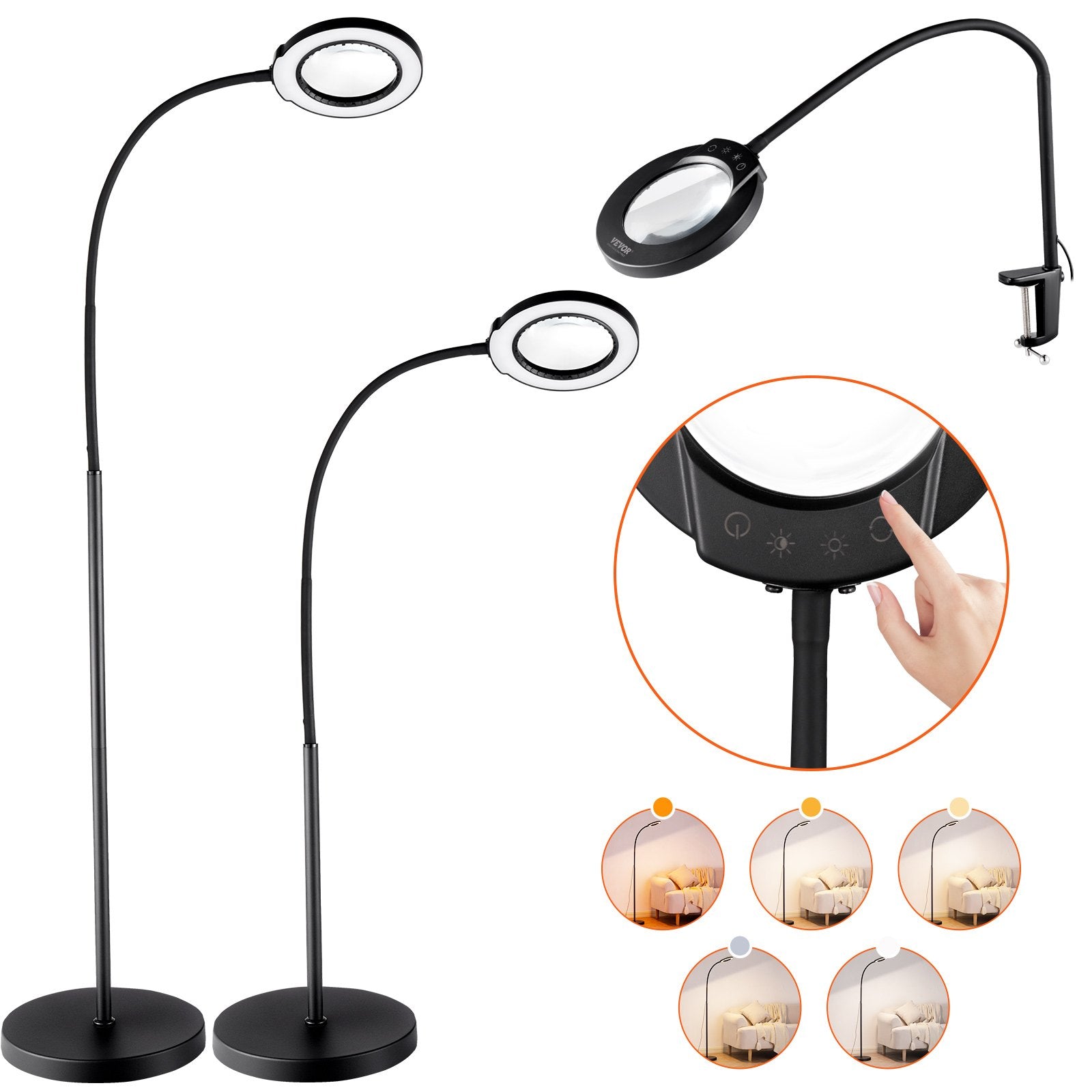 Floor Magnifying Glass 5X | LED Light with Stand & Flexible Gooseneck | Hands-Free Magnifier Lamp for Craft & Reading