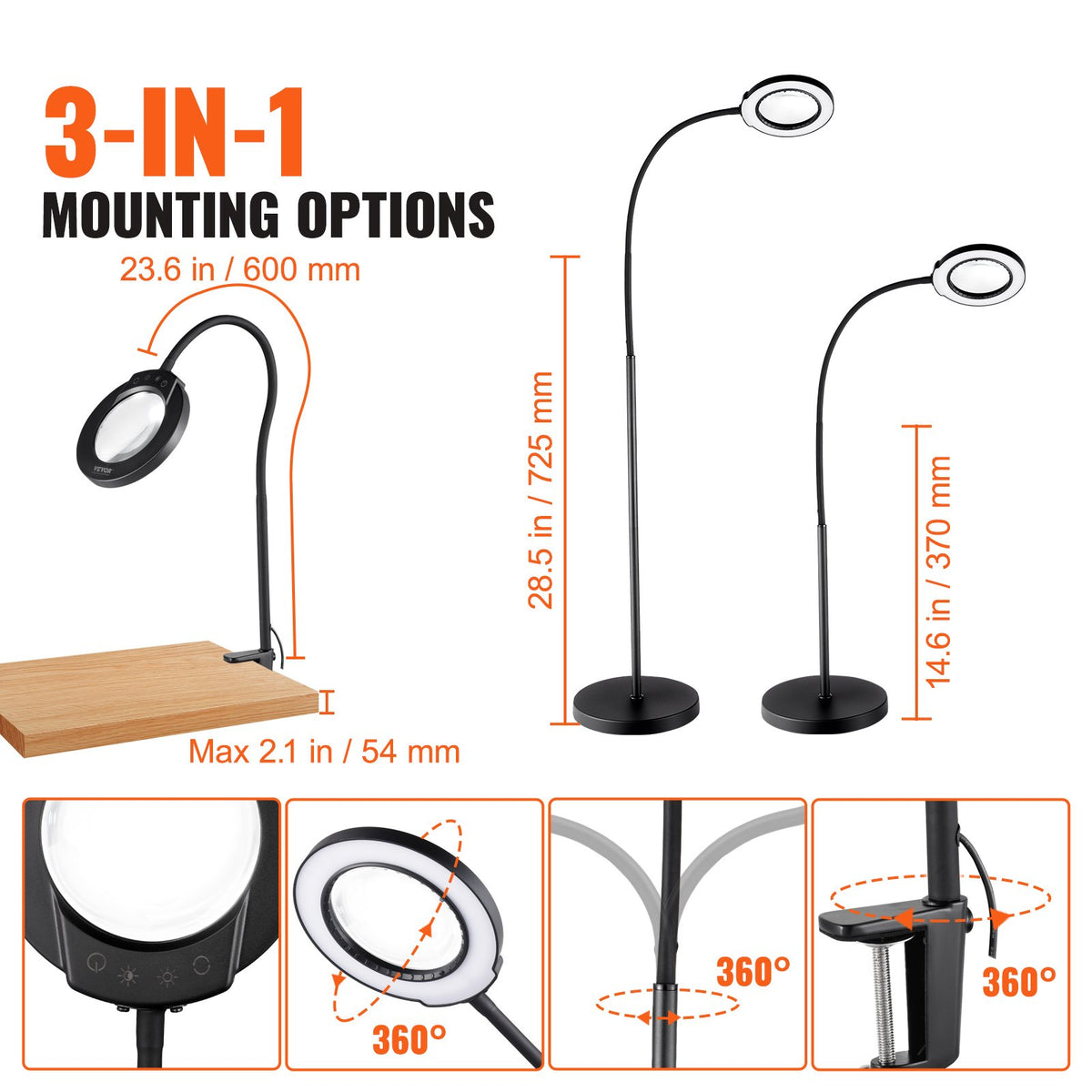 Floor Magnifying Glass 5X | LED Light with Stand & Flexible Gooseneck | Hands-Free Magnifier Lamp for Craft & Reading