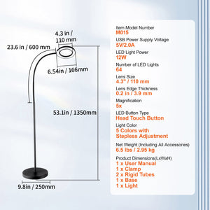 Floor Magnifying Glass 5X | LED Light with Stand & Flexible Gooseneck | Hands-Free Magnifier Lamp for Craft & Reading