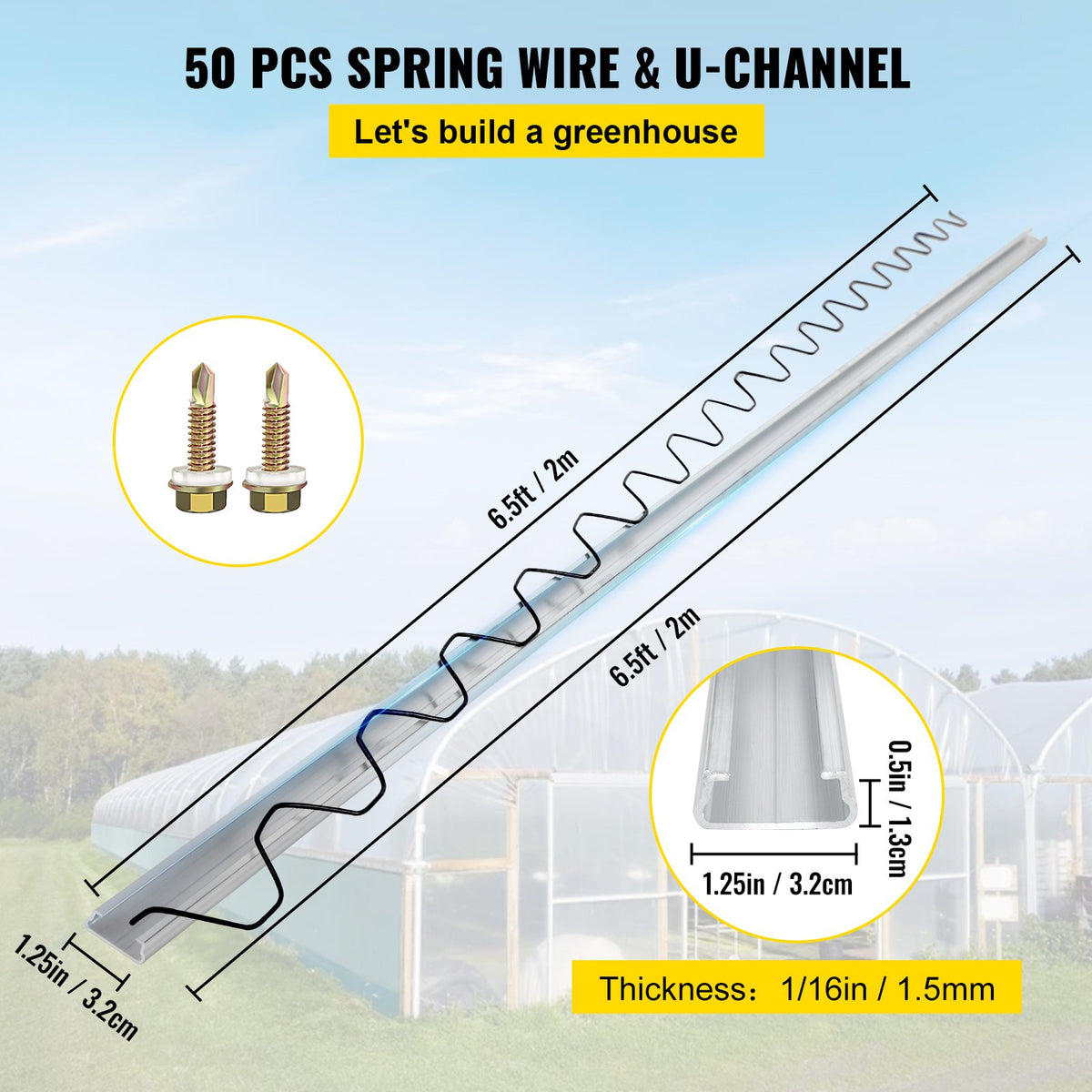 Greenhouse Spring Wire & Lock Channel 2m | 50 Pack PE Coated Wire & Aluminium U-Channel | For Plastic Film & Shade Cloth Attachment
