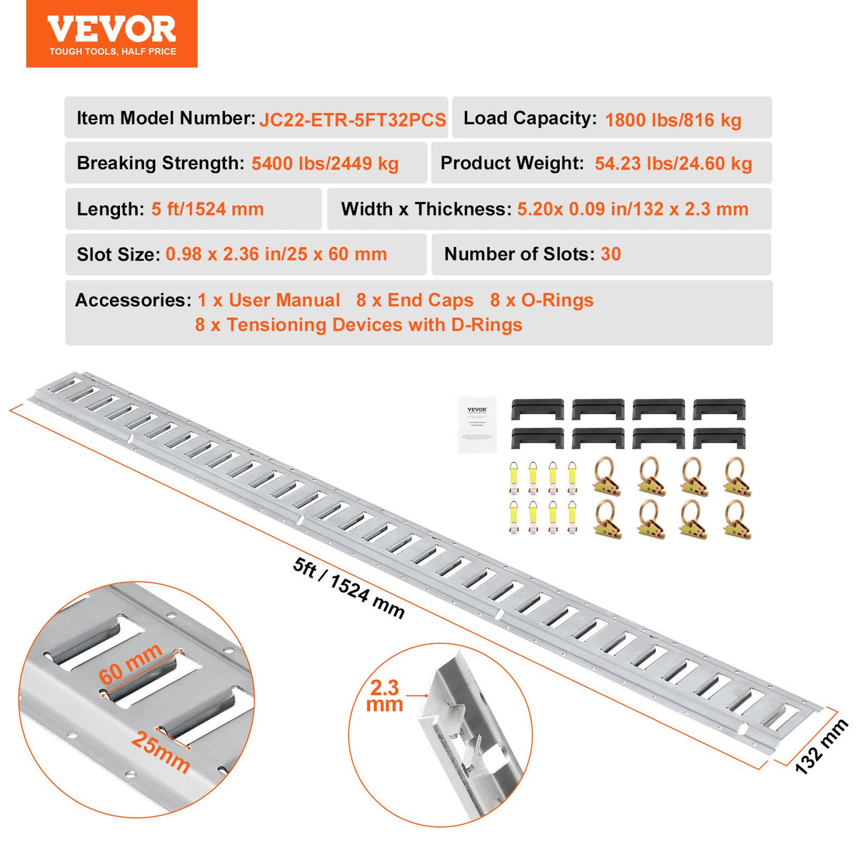 E-Track Tie-Down Rail Kit 24pc | 8 Steel Rails + O-Rings + Tie-Offs | 816kg Load Capacity