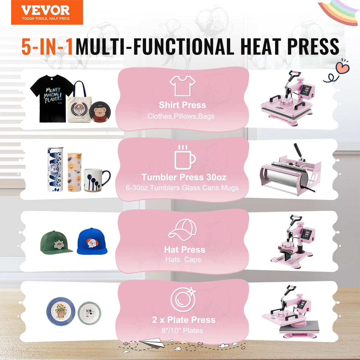 Heat Press Machine | 12x15" 5-in-1 + 30oz Tumbler Press | Pink