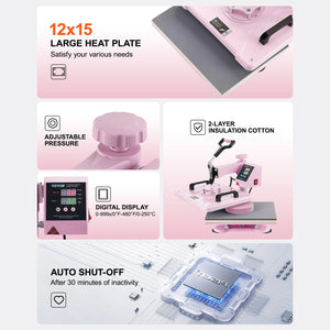 Heat Press Machine | 12x15" 5-in-1 + 30oz Tumbler Press | Pink