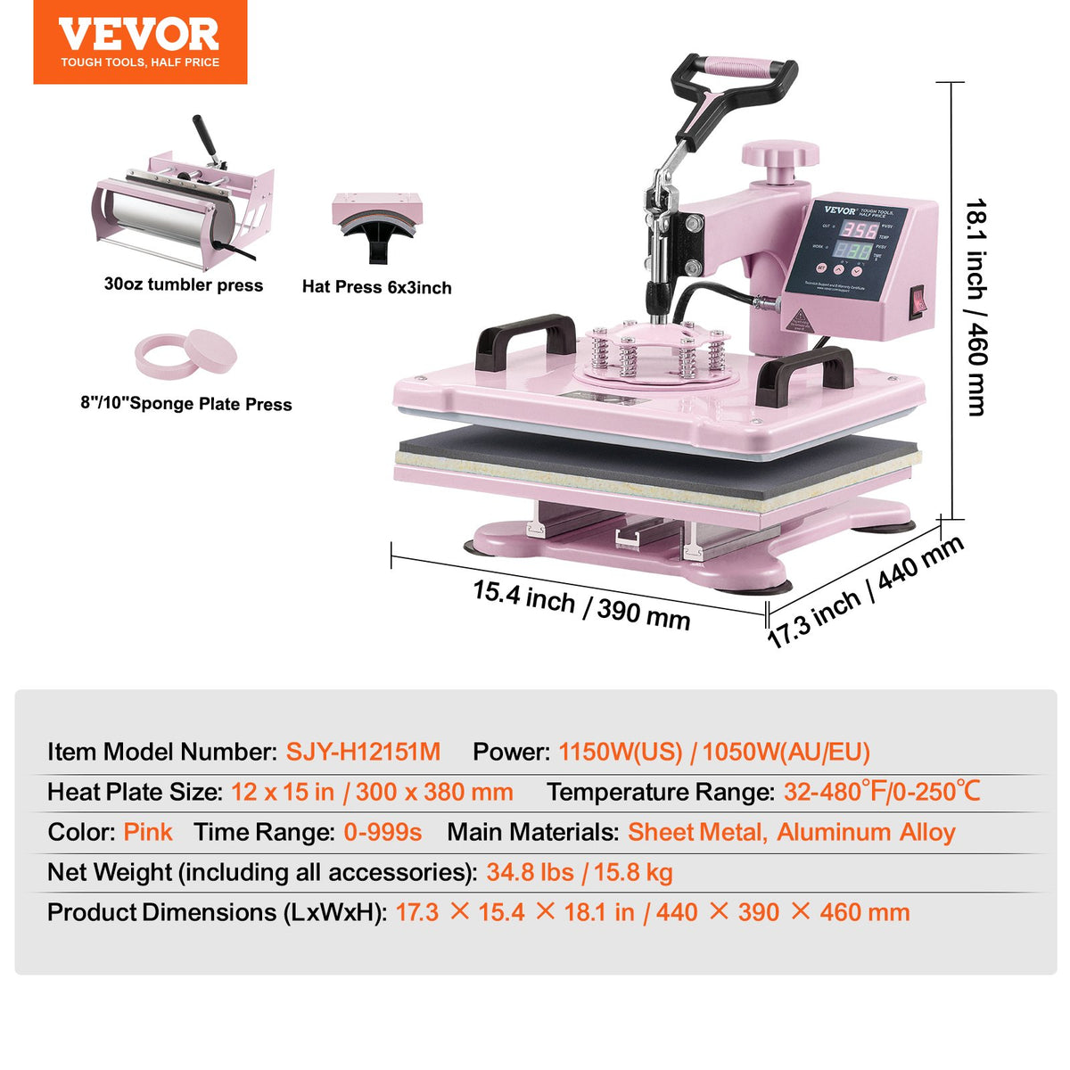 Heat Press Machine | 12x15" 5-in-1 + 30oz Tumbler Press | Pink