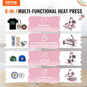 Heat Press Machine 12x15" | 8-in-1 Combo with 30oz Tumbler Press | Pink | For T-Shirts, Mugs & More