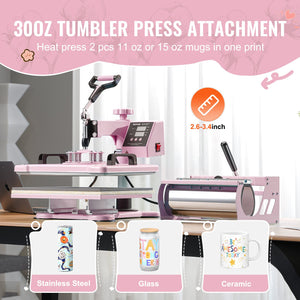 Heat Press Machine 12x15" | 8-in-1 Combo with 30oz Tumbler Press | Pink | For T-Shirts, Mugs & More