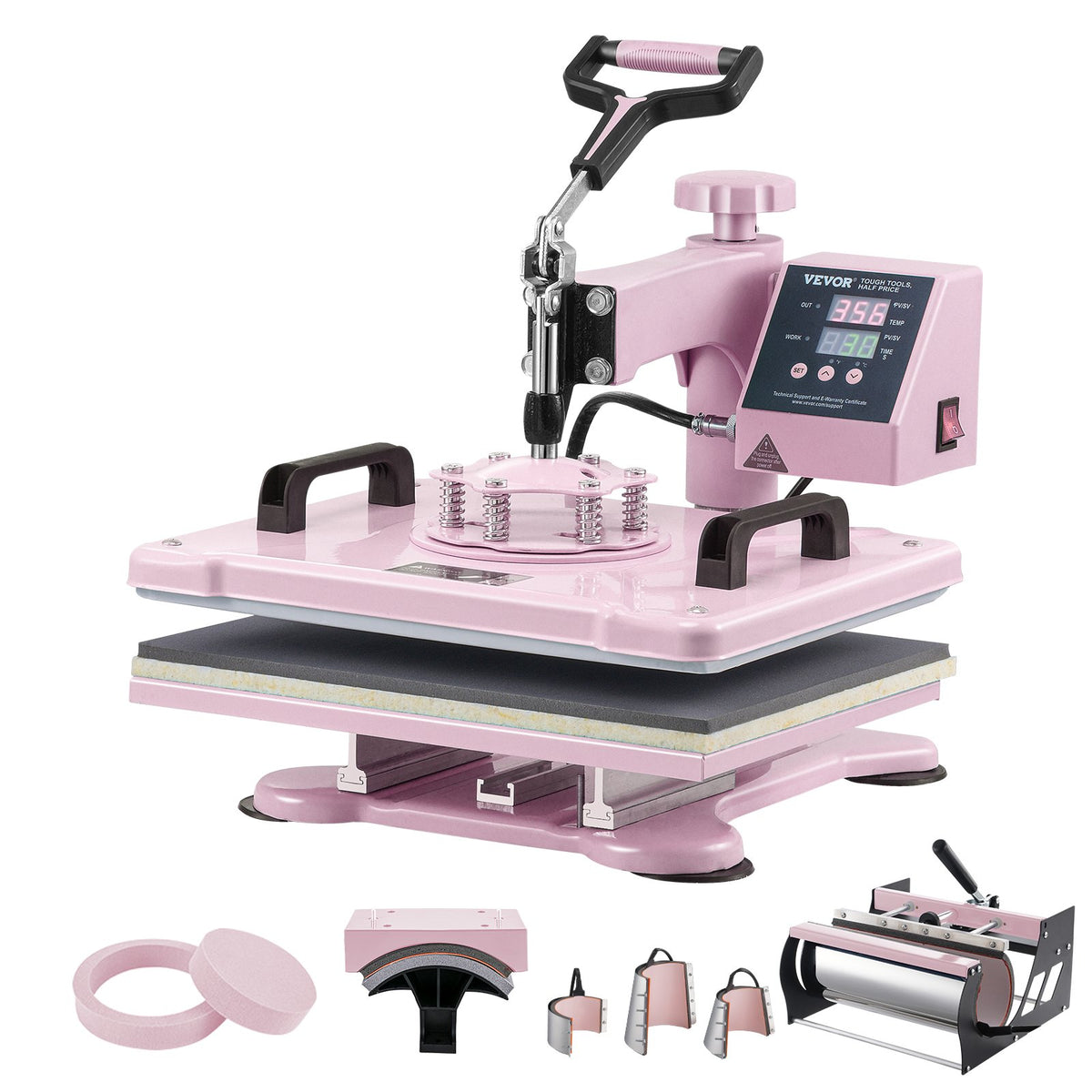 Heat Press Machine 12x15" | 8-in-1 Combo with 30oz Tumbler Press | Pink | For T-Shirts, Mugs & More