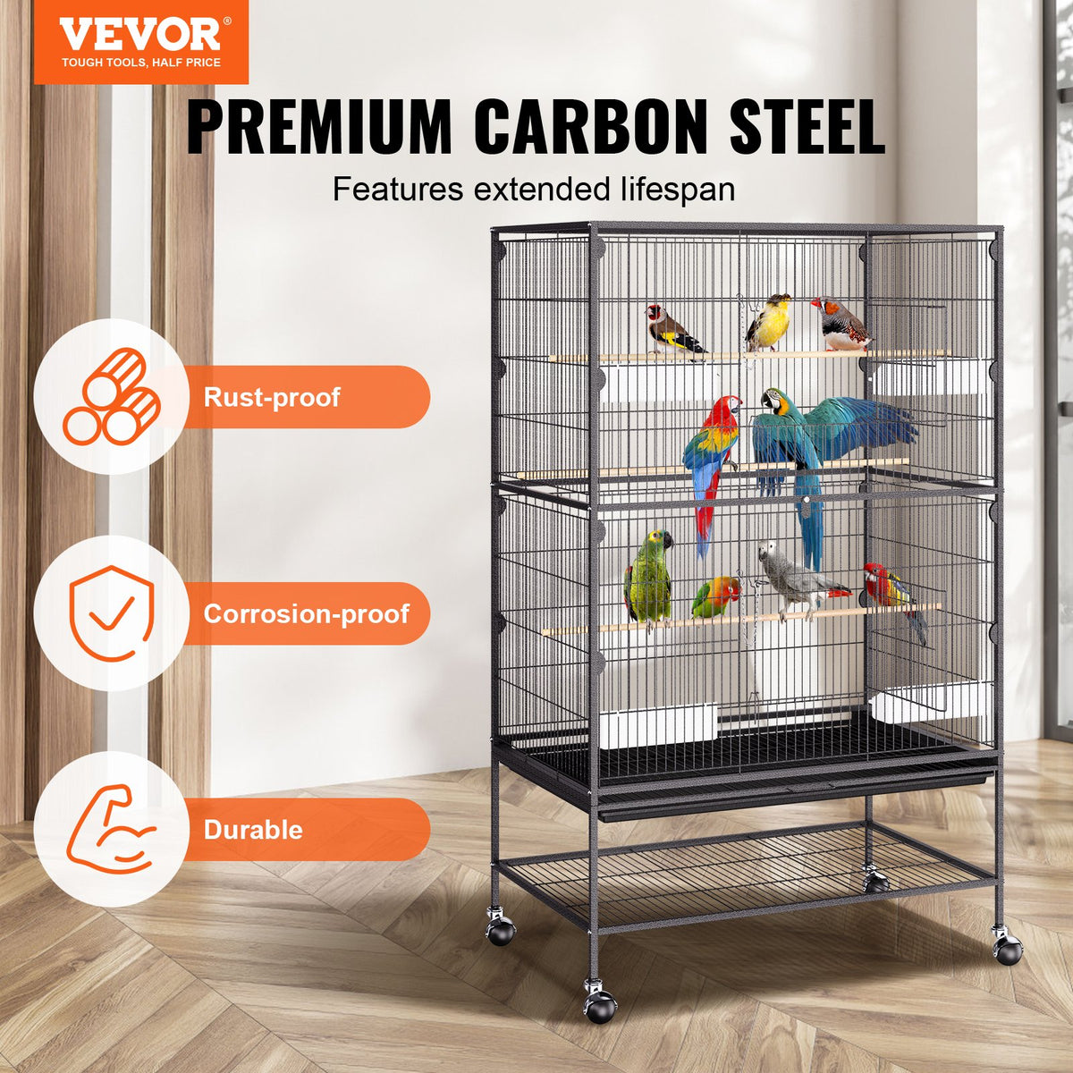 Large Bird Cage | 52" Carbon Steel Flight Cage for Parakeets, Cockatiels, Parrots & Macaws