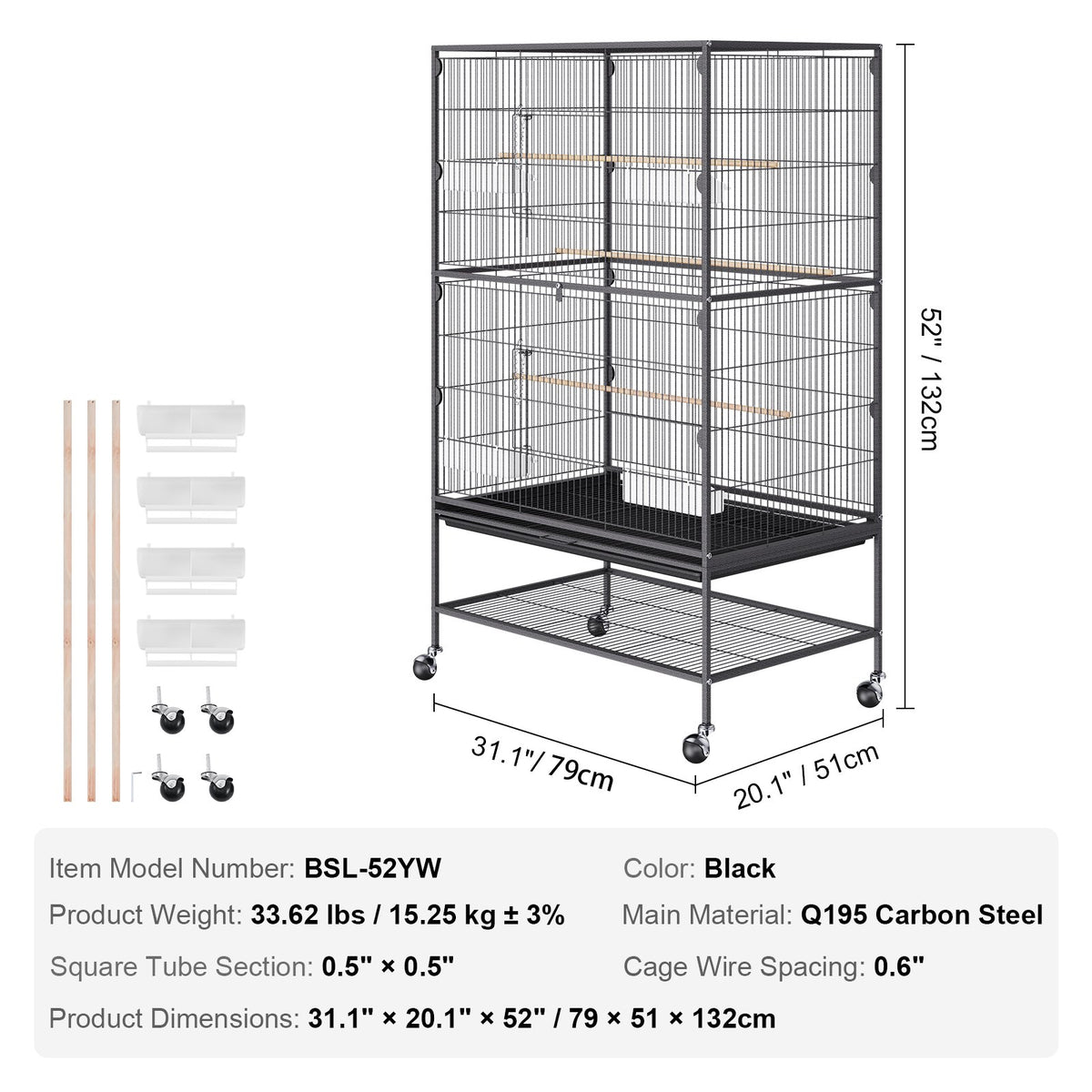 Large Bird Cage | 52" Carbon Steel Flight Cage for Parakeets, Cockatiels, Parrots & Macaws