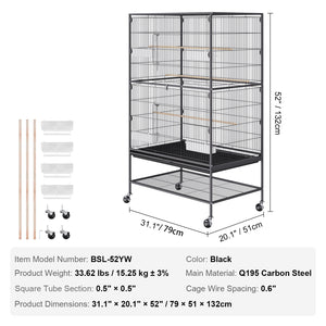 Large Bird Cage | 52" Carbon Steel Flight Cage for Parakeets, Cockatiels, Parrots & Macaws