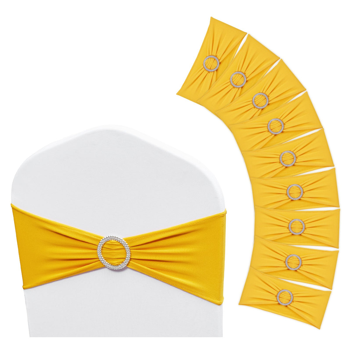 Chair Sashes | 100-Pack Golden Yellow Stretch Bands with Round Buckle | Wedding, Banquet & Party Chair Decoration