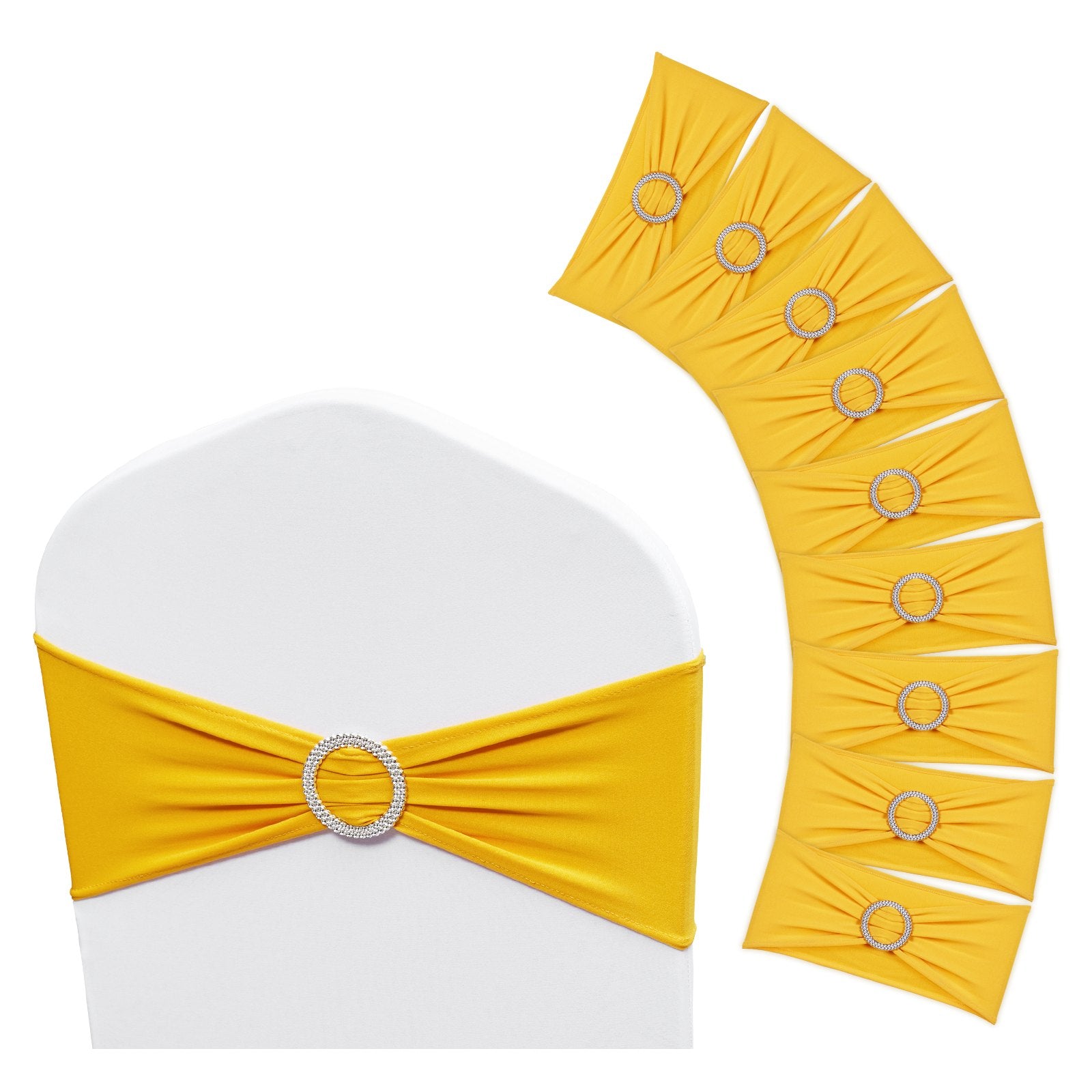 Chair Sashes | 100-Pack Golden Yellow Stretch Bands with Round Buckle | Wedding, Banquet & Party Chair Decoration