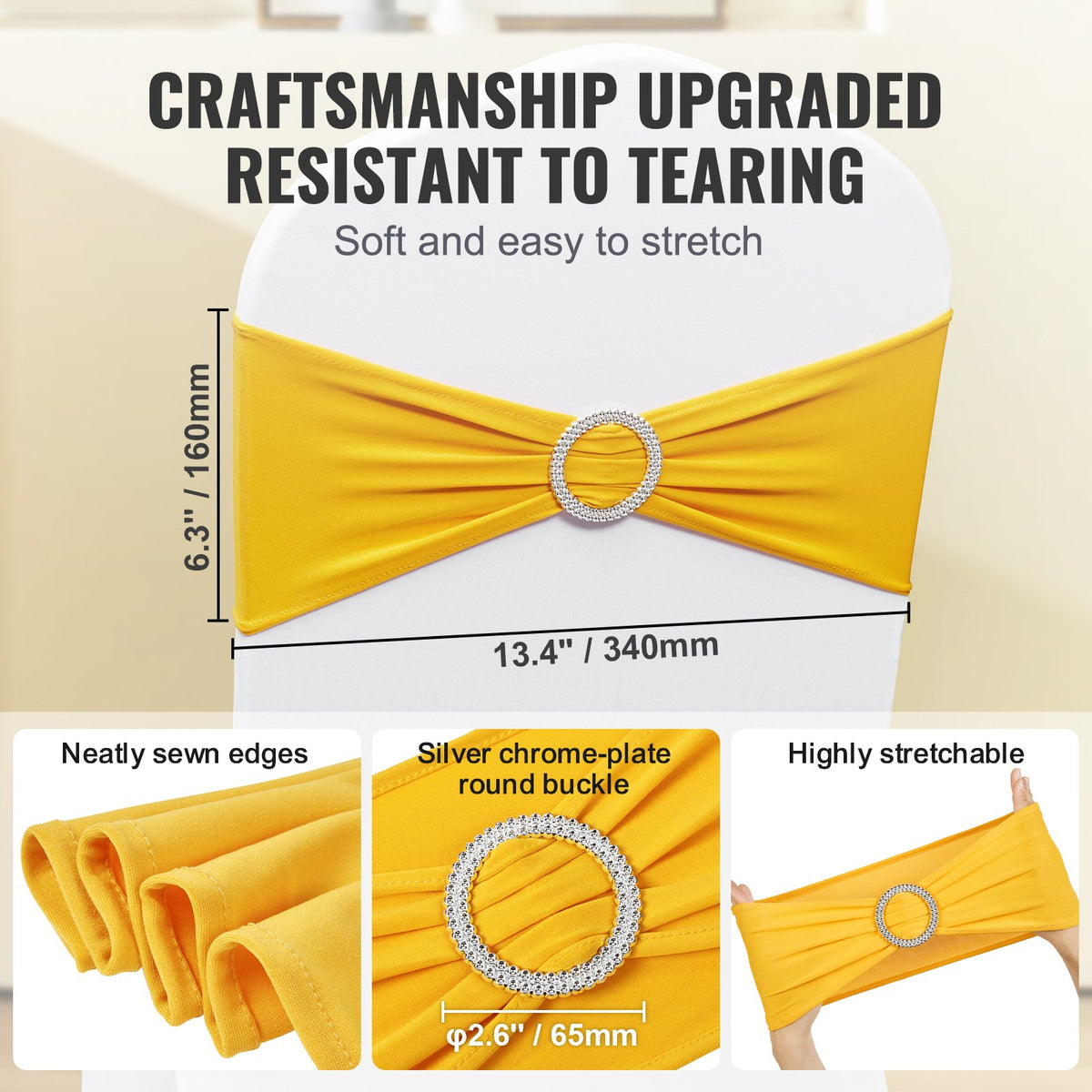 Chair Sashes | 100-Pack Golden Yellow Stretch Bands with Round Buckle | Wedding, Banquet & Party Chair Decoration