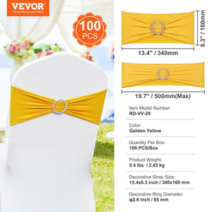 Chair Sashes | 100-Pack Golden Yellow Stretch Bands with Round Buckle | Wedding, Banquet & Party Chair Decoration