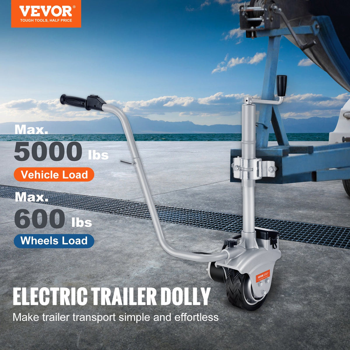 Electric Trailer Dolly 5000lbs Capacity | 350W 12V Jockey Wheel | 22ft/min Speed | Adjustable Clamp Height 12"-24.8" | 8" Rubber Tyre