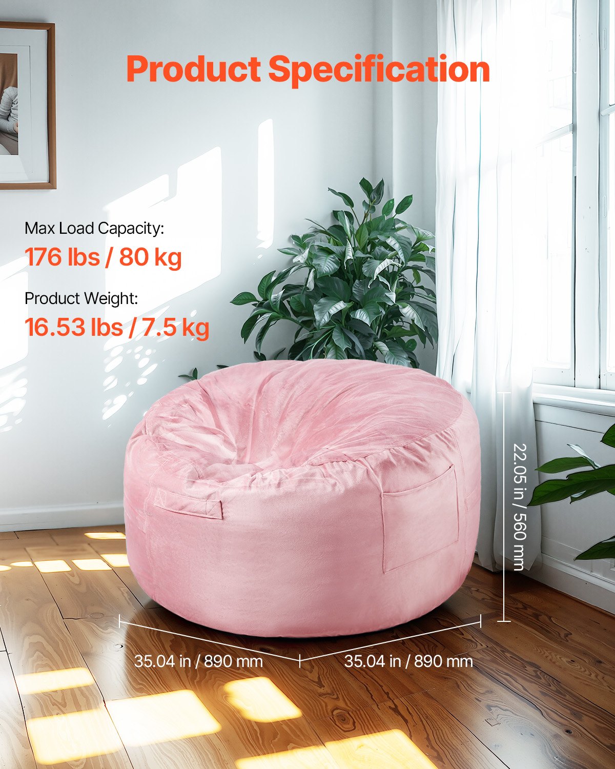 Round Bean Bag Chair | 91cm Velvet Cover | Pink