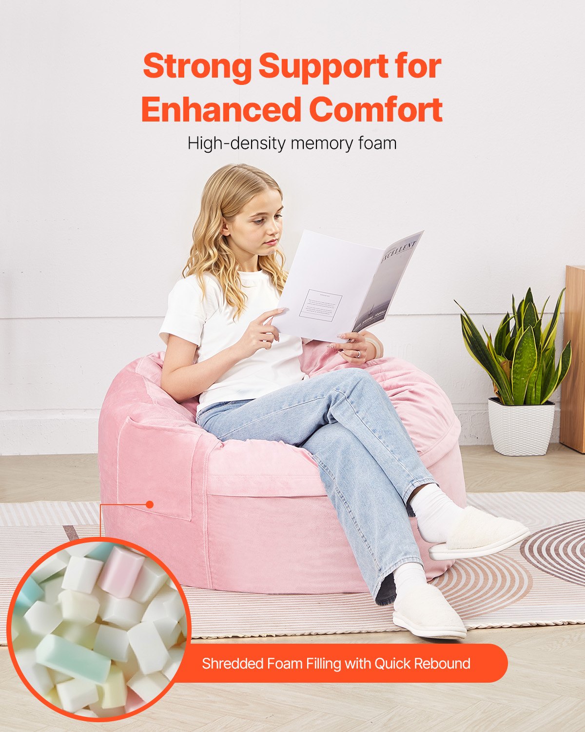 Round Bean Bag Chair | 91cm Velvet Cover | Pink