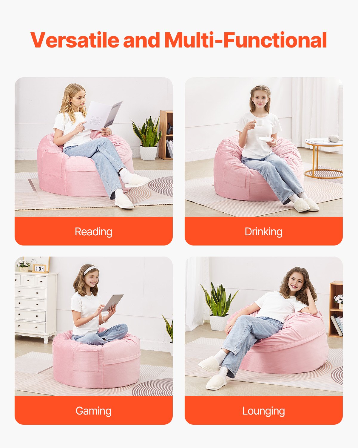 Round Bean Bag Chair | 91cm Velvet Cover | Pink