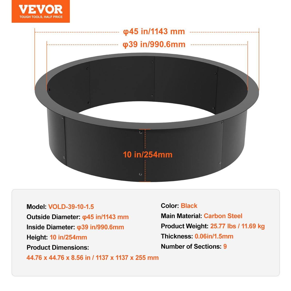 Fire Pit Ring 45" Round | Steel Campfire Ring Liner for DIY Outdoor Fire Pits