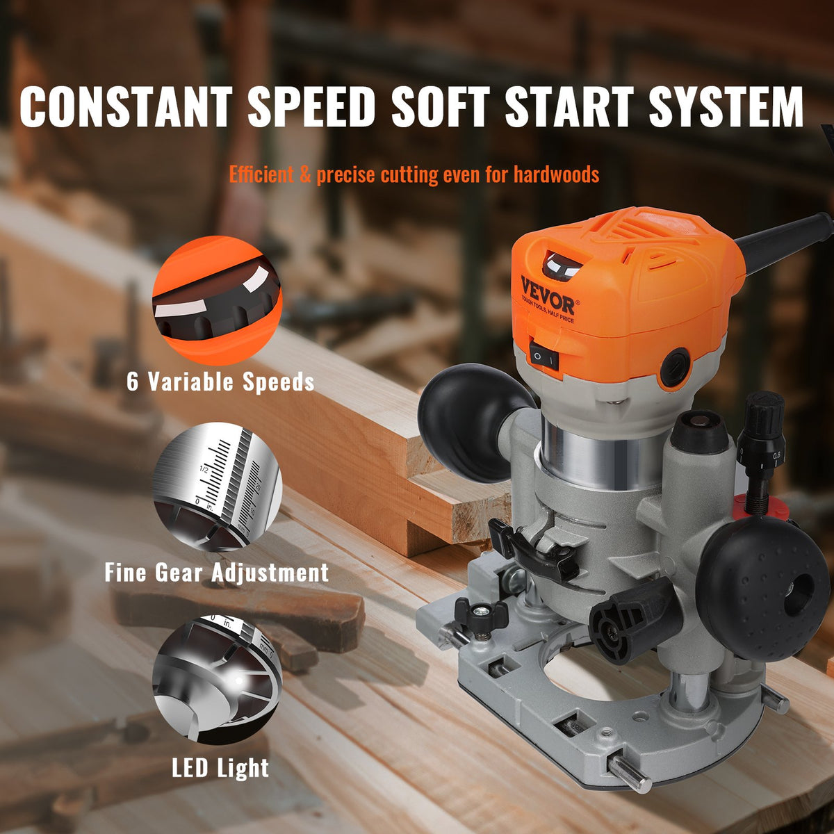Wood Router 1.25HP 800W | Compact Router Tool with Plunge & Fixed Base | 30000RPM 6 Speeds | Includes Collets & Dust Hood