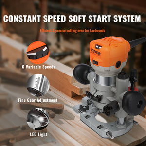 Wood Router 1.25HP 800W | Compact Router Tool with Plunge & Fixed Base | 30000RPM 6 Speeds | Includes Collets & Dust Hood