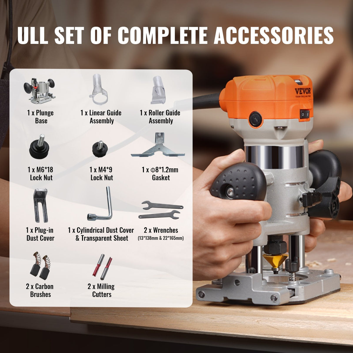 Wood Router 1.25HP 800W | Compact Router Tool with Plunge & Fixed Base | 30000RPM 6 Speeds | Includes Collets & Dust Hood