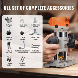 Wood Router 1.25HP 800W | Compact Router Tool with Plunge & Fixed Base | 30000RPM 6 Speeds | Includes Collets & Dust Hood