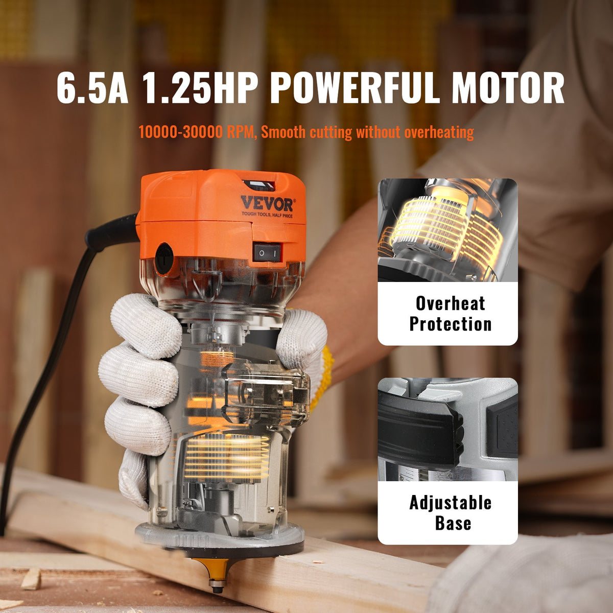 Wood Router 1.25HP 800W | 30,000RPM | 6-Speed Compact Trimmer with Collets & 12 Cutters