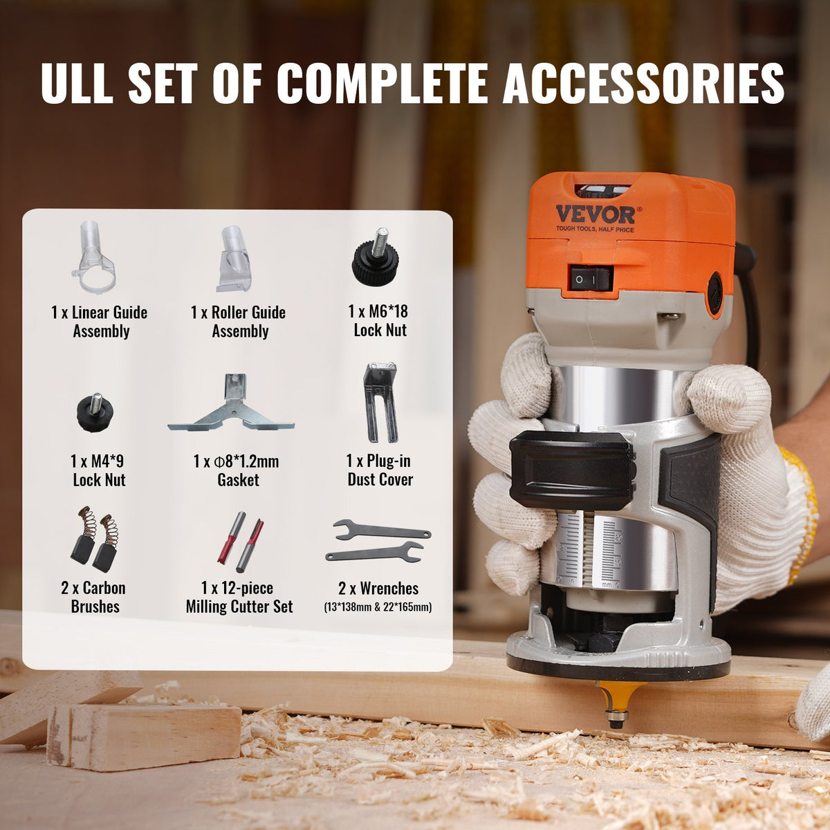 Wood Router 1.25HP 800W | 30,000RPM | 6-Speed Compact Trimmer with Collets & 12 Cutters