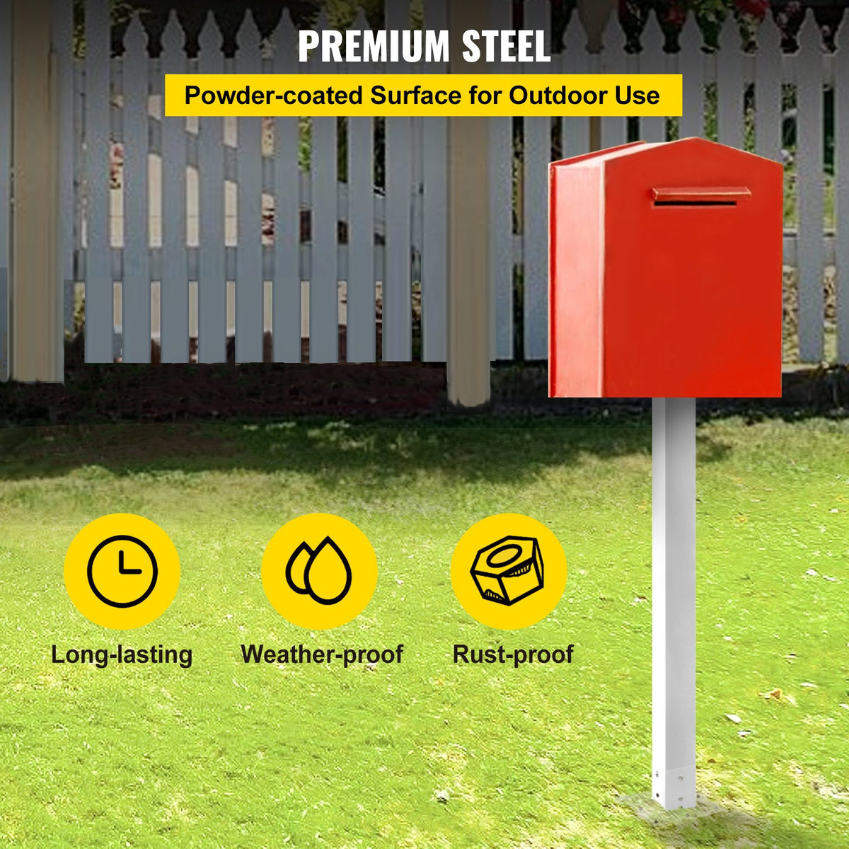 Mailbox Post 43" High | White Powder-Coated Q235 Steel Mailbox Stand | Universal Outdoor Post for Sidewalk & Curbside Installation
