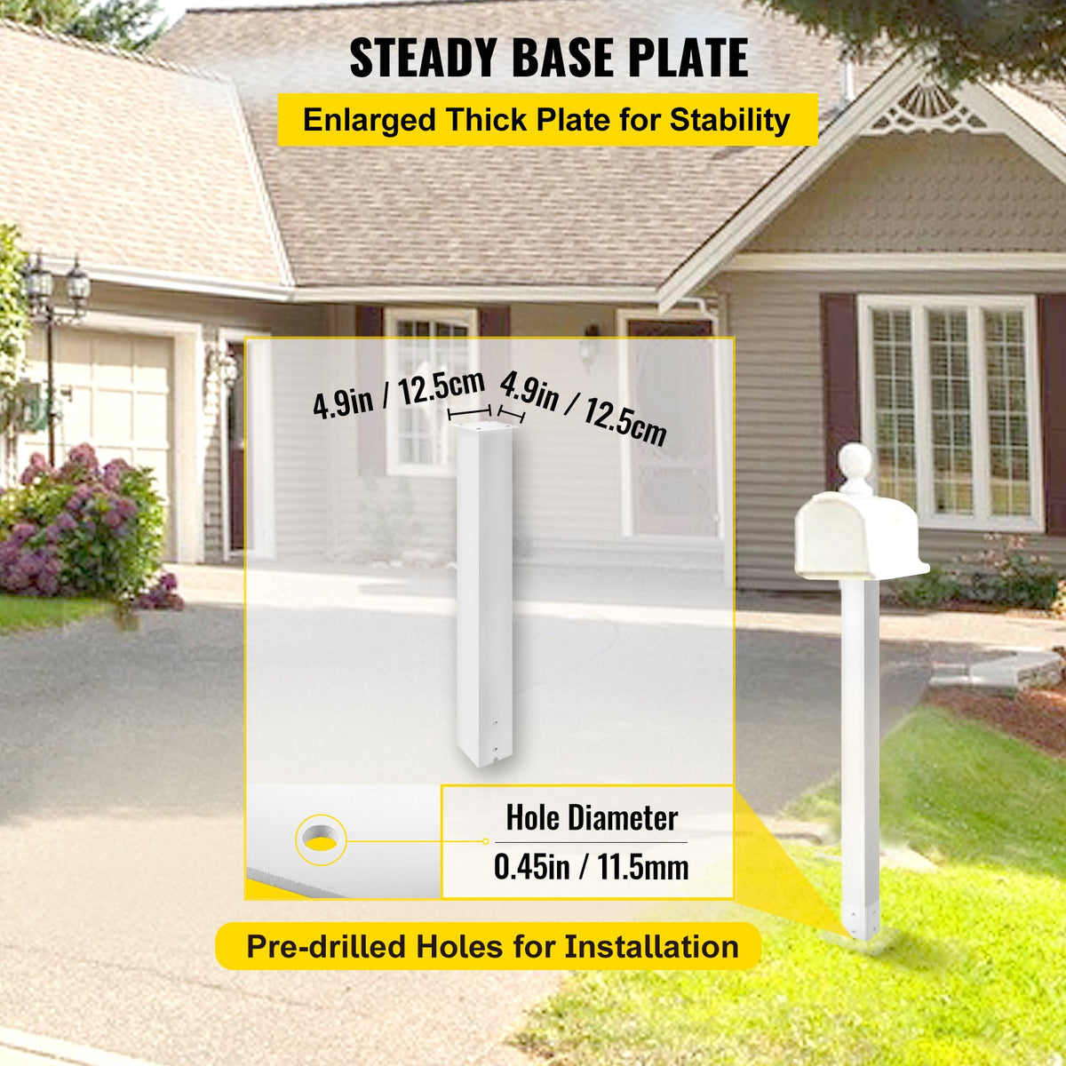 Mailbox Post 43" High | White Powder-Coated Q235 Steel Mailbox Stand | Universal Outdoor Post for Sidewalk & Curbside Installation